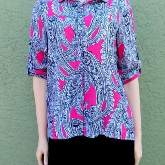 EUC INVESTMENTS Black, White & Pink  Paisley Violated Long Sleeve Shirt Petite S - Picture 10 of 15